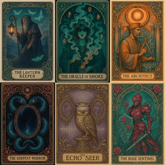 Example output from the Art Nouveau Tarot Cards ChatGPT prompt: symbolic tarot cards in lush Art Nouveau style, featuring engraved textures, vivid color blends, mythic characters, and ornate borders with built-in text.