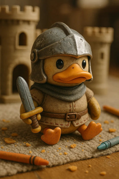 Example output from the Art Toys In Realistic Scene Renders ChatGPT prompt: collectible toy characters rendered in lifelike settings with ambient lighting, stitching, surface wear, and soft filmic focus—ideal for display or packaging mockups. Duck.
