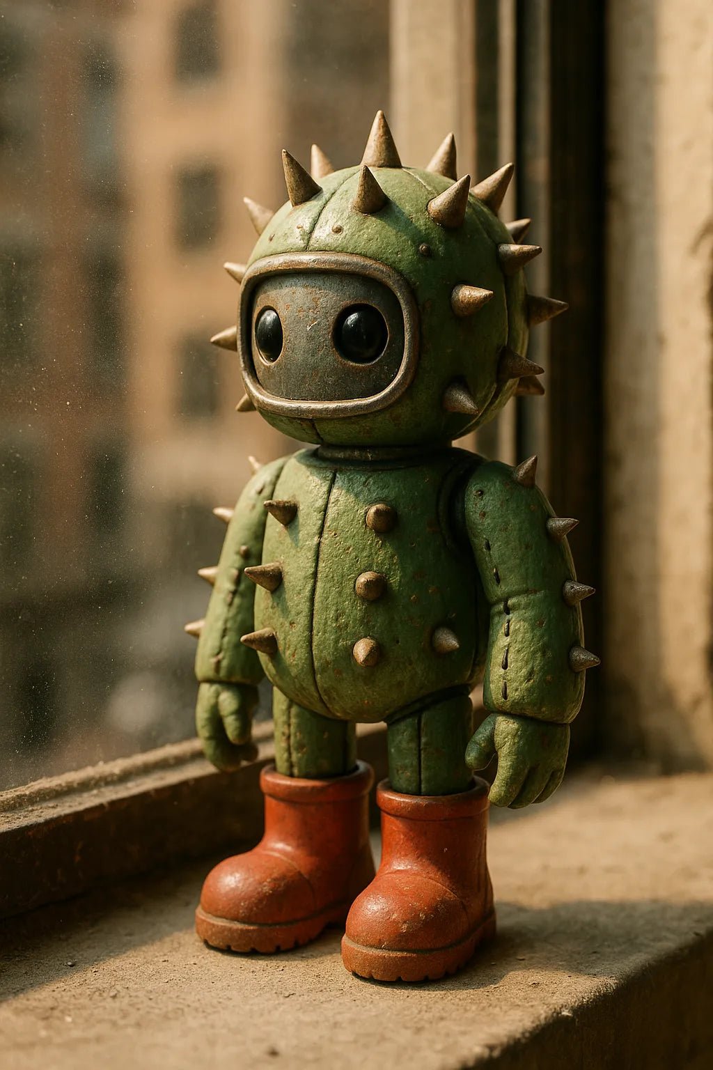 Example output from the Art Toys In Realistic Scene Renders ChatGPT prompt: collectible toy characters rendered in lifelike settings with ambient lighting, stitching, surface wear, and soft filmic focus—ideal for display or packaging mockups. Robotic Captus.