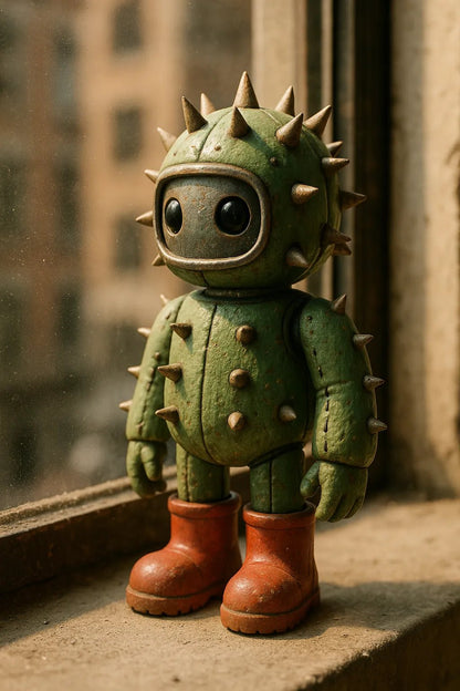 Example output from the Art Toys In Realistic Scene Renders ChatGPT prompt: collectible toy characters rendered in lifelike settings with ambient lighting, stitching, surface wear, and soft filmic focus—ideal for display or packaging mockups. Robotic Captus.