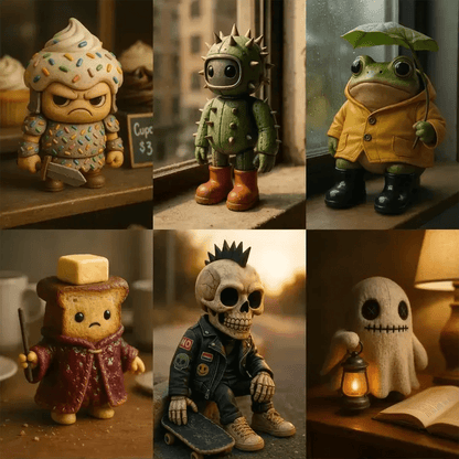 Example output from the Art Toys In Realistic Scene Renders ChatGPT prompt: collectible toy characters rendered in lifelike settings with ambient lighting, stitching, surface wear, and soft filmic focus—ideal for display or packaging mockups.