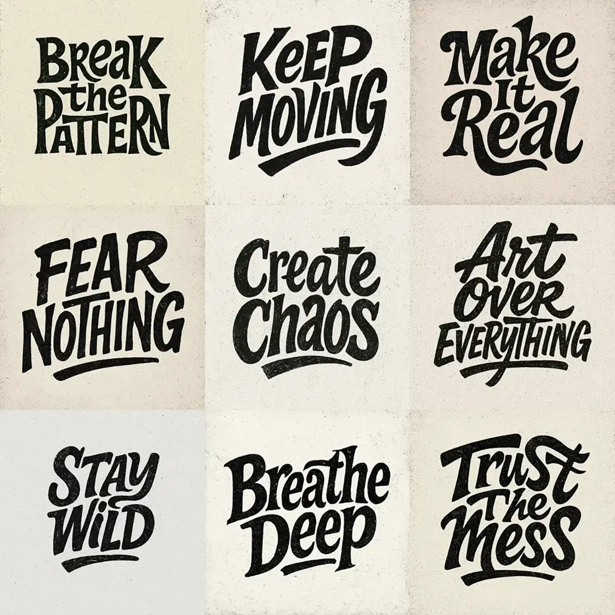 Example output from the Artistic Hand-Drawn Type Poster ChatGPT prompt: nine handmade lettering posters with bold black ink, grainy texture, and dynamic layouts.