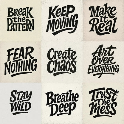 Example output from the Artistic Hand-Drawn Type Poster ChatGPT prompt: nine handmade lettering posters with bold black ink, grainy texture, and dynamic layouts.