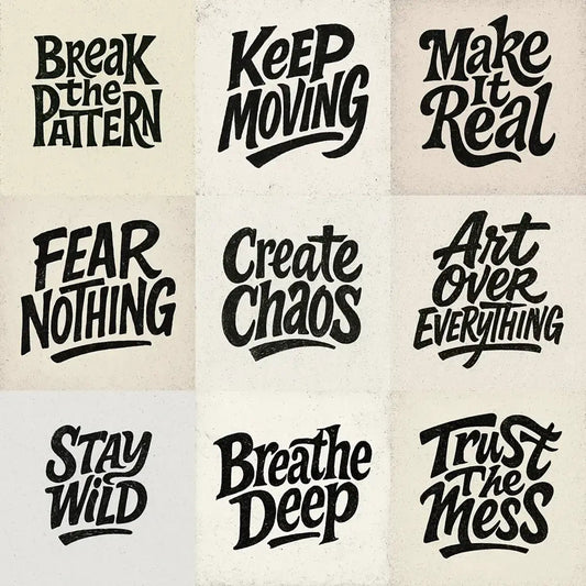 Example output from the Artistic Hand-Drawn Type Poster ChatGPT prompt: nine handmade lettering posters with bold black ink, grainy texture, and dynamic layouts.