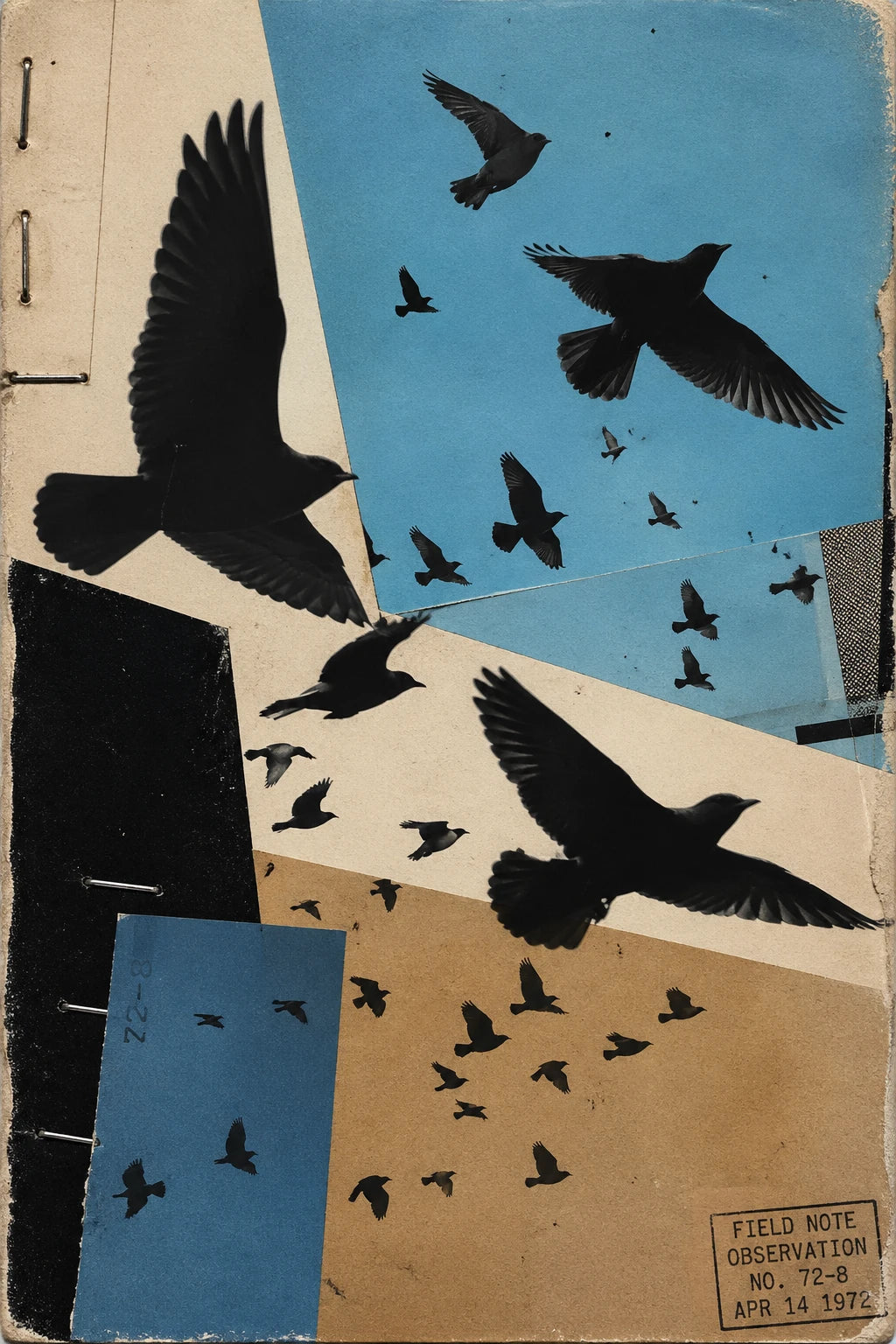 Example output from the Avant Garde Silhouette Collage ChatGPT prompt: an editorial silhouette collage of black birds in flight against sky-blue paper blocks, layered with torn paper, stamps and handwritten field notes.