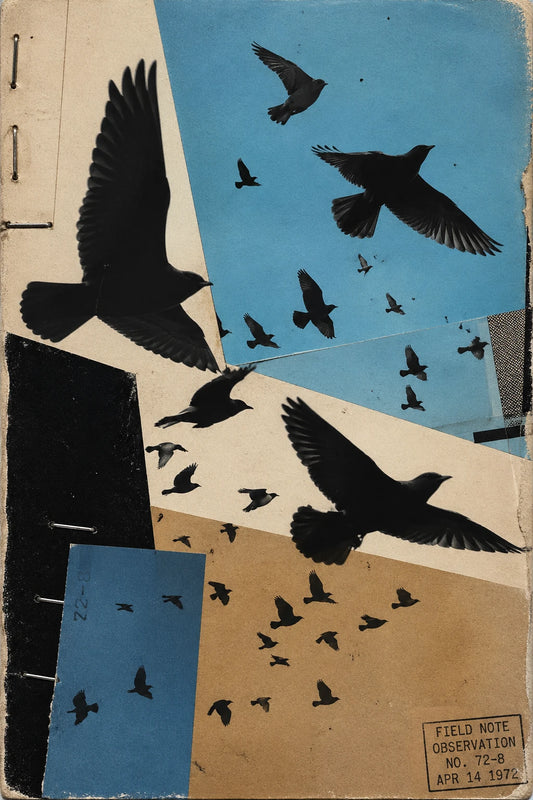 Example output from the Avant Garde Silhouette Collage ChatGPT prompt: an editorial silhouette collage of black birds in flight against sky-blue paper blocks, layered with torn paper, stamps and handwritten field notes.