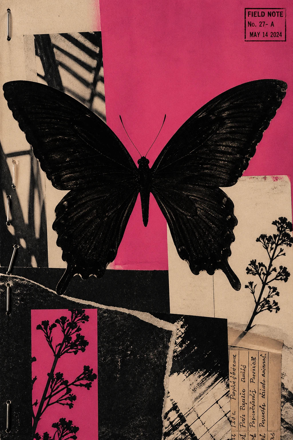 Example output from the Avant Garde Silhouette Collage ChatGPT prompt: an editorial silhouette collage centered on a black butterfly, layered with textured paper, stamps and muted color blocks.