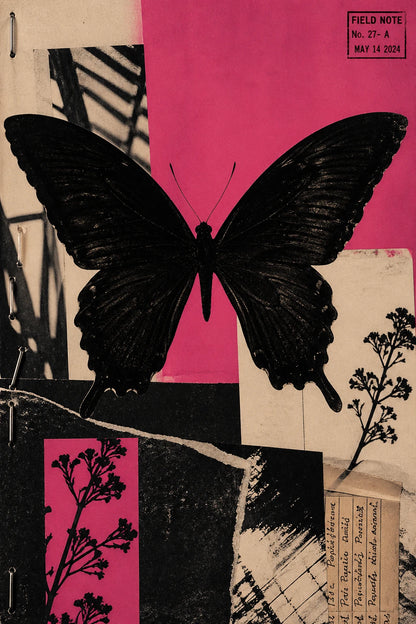 Example output from the Avant Garde Silhouette Collage ChatGPT prompt: an editorial silhouette collage centered on a black butterfly, layered with textured paper, stamps and muted color blocks.