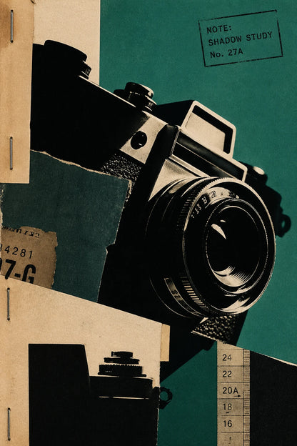 Example output from the Avant Garde Silhouette Collage ChatGPT prompt: an editorial silhouette collage of a vintage SLR camera in black against teal, with paper scraps, numbers and a 'shadow study' note.
