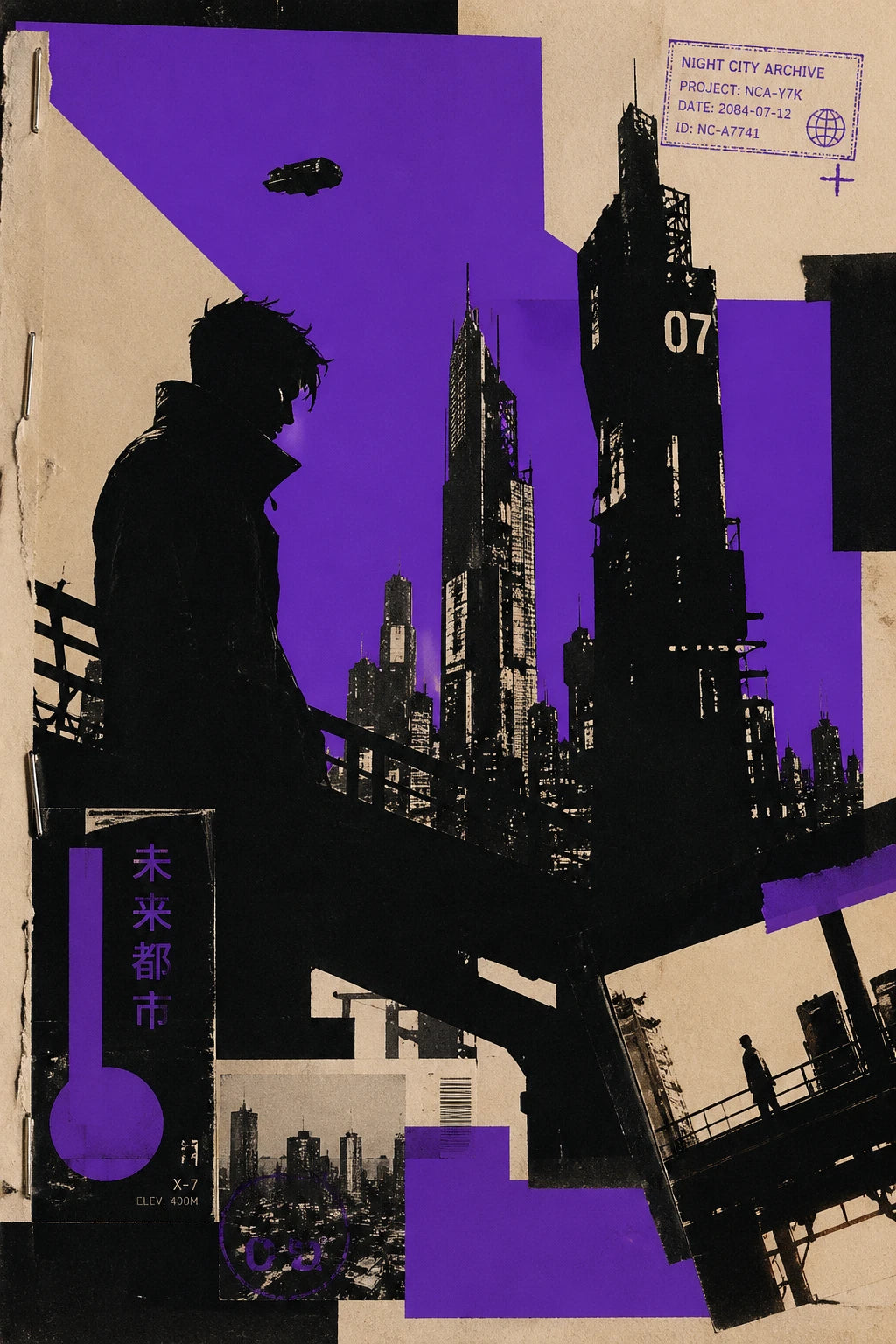 Example output from the Avant Garde Silhouette Collage ChatGPT prompt: an editorial silhouette collage of a city skyline in black, layered with textured paper, stamps and muted color blocks.