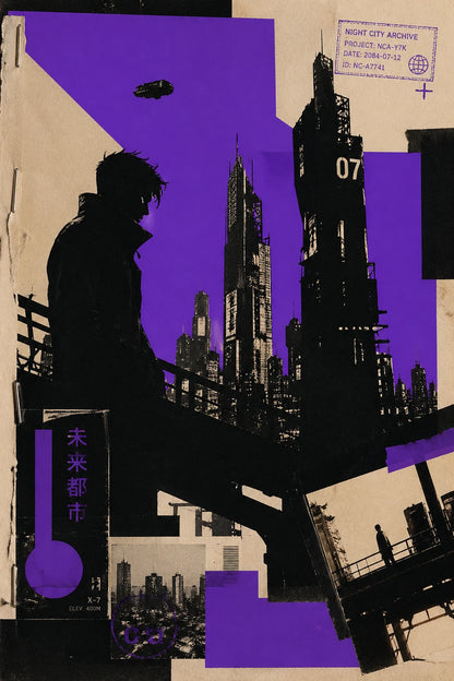 Example output from the Avant Garde Silhouette Collage ChatGPT prompt: an editorial silhouette collage of a city skyline in black, layered with textured paper, stamps and muted color blocks.