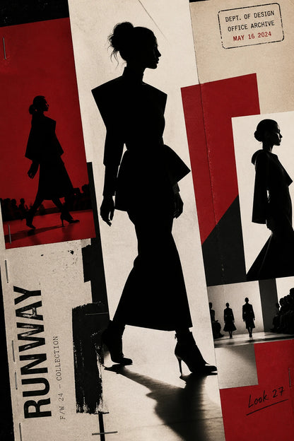 Example output from the Avant Garde Silhouette Collage ChatGPT prompt: an editorial silhouette collage of a fashion figure in black, layered with textured paper and bold blocks of color.
