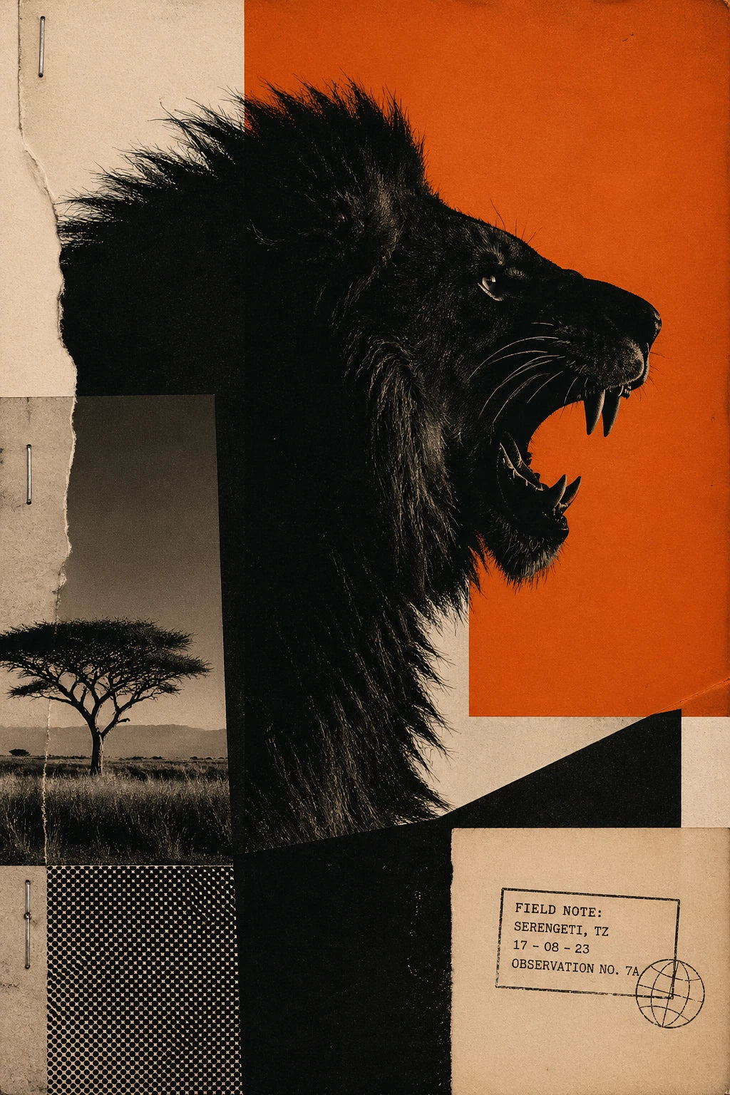 Example output from the Avant Garde Silhouette Collage ChatGPT prompt: an editorial silhouette collage of a roaring lion in black against orange, with an acacia-tree photo, textured paper and field notes.