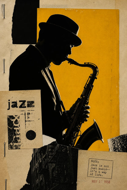 Example output from the Avant Garde Silhouette Collage ChatGPT prompt: an editorial silhouette collage of a hat-wearing jazz saxophonist in black against yellow, with a 'jazz' label and torn paper.
