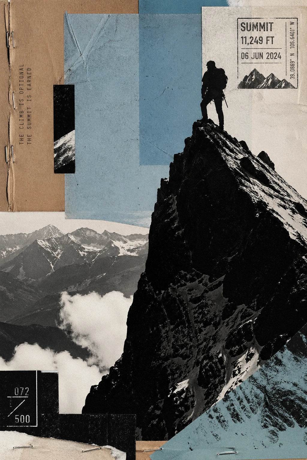 Example output from the Avant Garde Silhouette Collage ChatGPT prompt: an editorial silhouette collage of a mountaineer on a summit in black-and-white, with a 'SUMMIT 11,249 FT' stamp, textured paper and blue color blocks.
