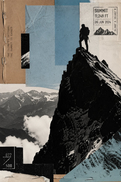 Example output from the Avant Garde Silhouette Collage ChatGPT prompt: an editorial silhouette collage of a mountaineer on a summit in black-and-white, with a 'SUMMIT 11,249 FT' stamp, textured paper and blue color blocks.