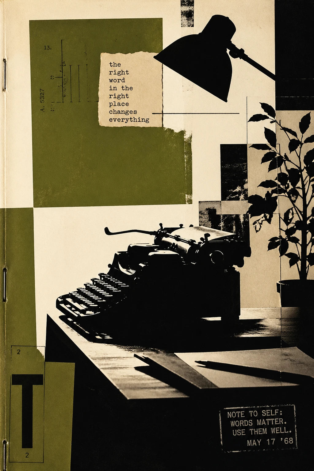 Example output from the Avant Garde Silhouette Collage ChatGPT prompt: an editorial silhouette collage of a typewriter in black, with a potted plant, olive-green blocks and a 'words matter' note.