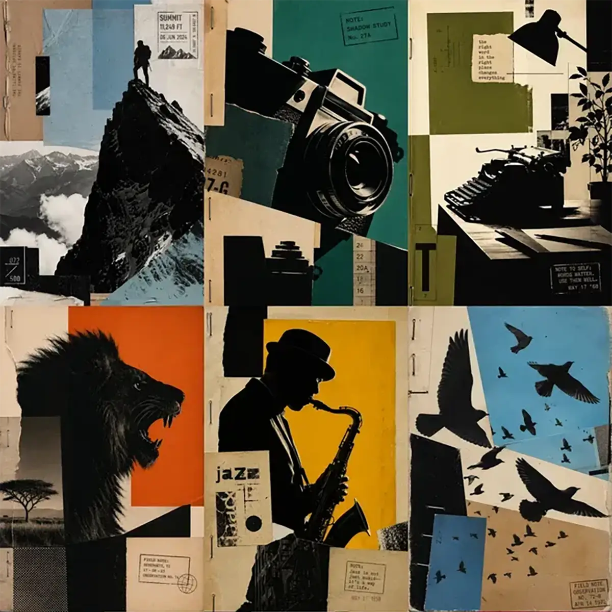 Example output from the Avant Garde Silhouette Collage ChatGPT prompt: a grid of editorial mixed-media collages combining bold black silhouettes — a mountaineer, vintage camera, typewriter, roaring lion, jazz saxophonist and flying birds — with textured paper, stamps, handwritten notes and blocks of muted color.