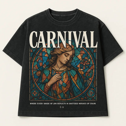 Example output from the Black Acid Wash Stunning T-Shirt Design ChatGPT prompt: dark t-shirts with dramatic renaissance-style art, bold typographic: Carnival.