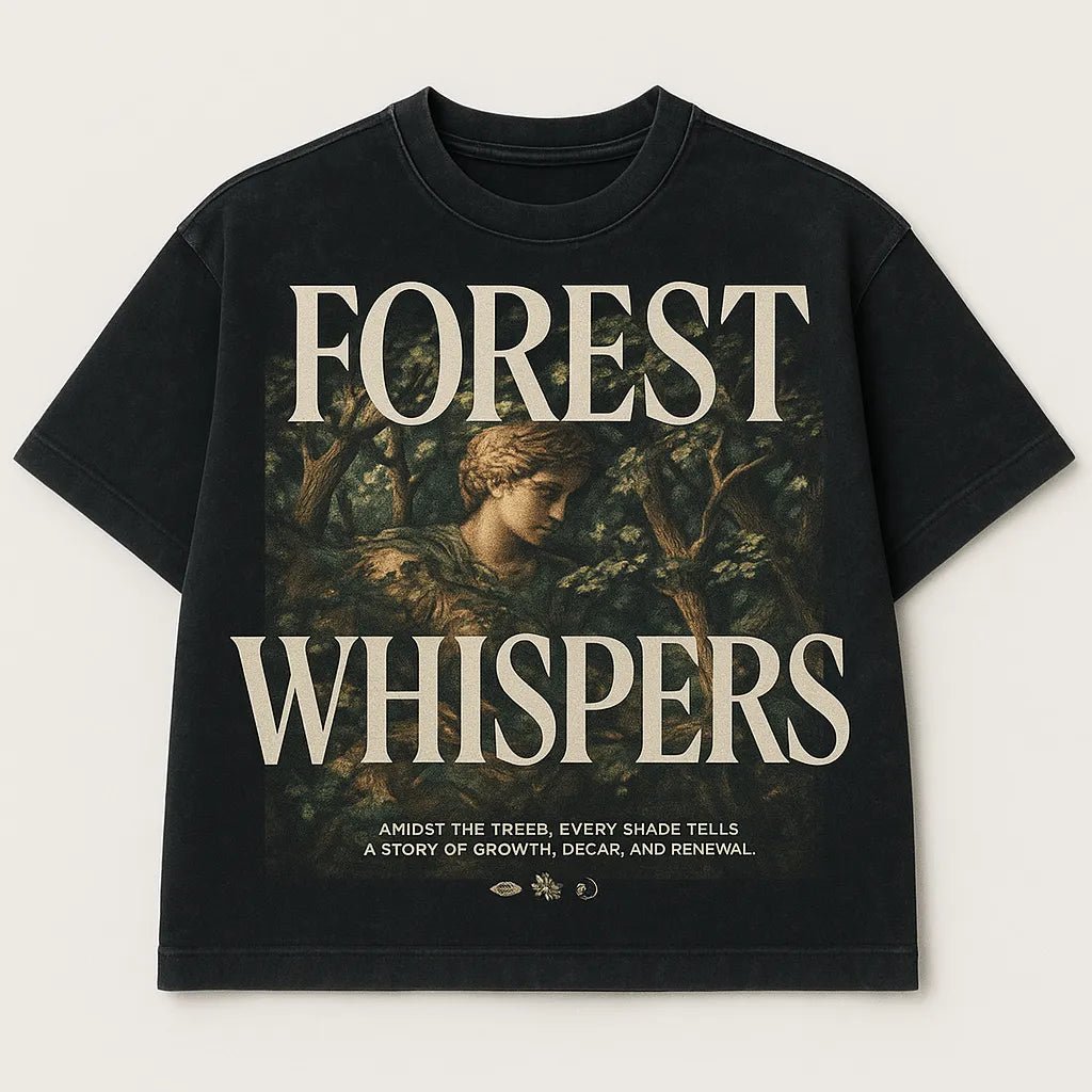 Example output from the Black Acid Wash Stunning T-Shirt Design ChatGPT prompt: dark t-shirts with dramatic renaissance-style art, bold typographic: Forest whispers.