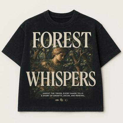 Example output from the Black Acid Wash Stunning T-Shirt Design ChatGPT prompt: dark t-shirts with dramatic renaissance-style art, bold typographic: Forest whispers.
