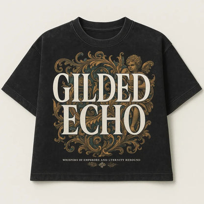 Example output from the Black Acid Wash Stunning T-Shirt Design ChatGPT prompt: dark t-shirts with dramatic renaissance-style art, bold typographic: Gilded echo.