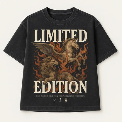 Example output from the Black Acid Wash Stunning T-Shirt Design ChatGPT prompt: dark t-shirts with dramatic renaissance-style art, bold typographic: Limited Edition.