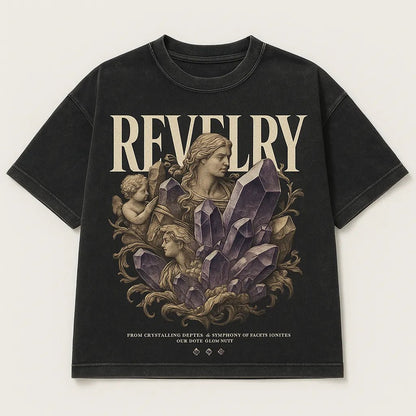 Example output from the Black Acid Wash Stunning T-Shirt Design ChatGPT prompt: dark t-shirts with dramatic renaissance-style art, bold typographic: Revelry.