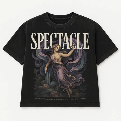 Example output from the Black Acid Wash Stunning T-Shirt Design ChatGPT prompt: dark t-shirts with dramatic renaissance-style art, bold typographic: Spectacle.