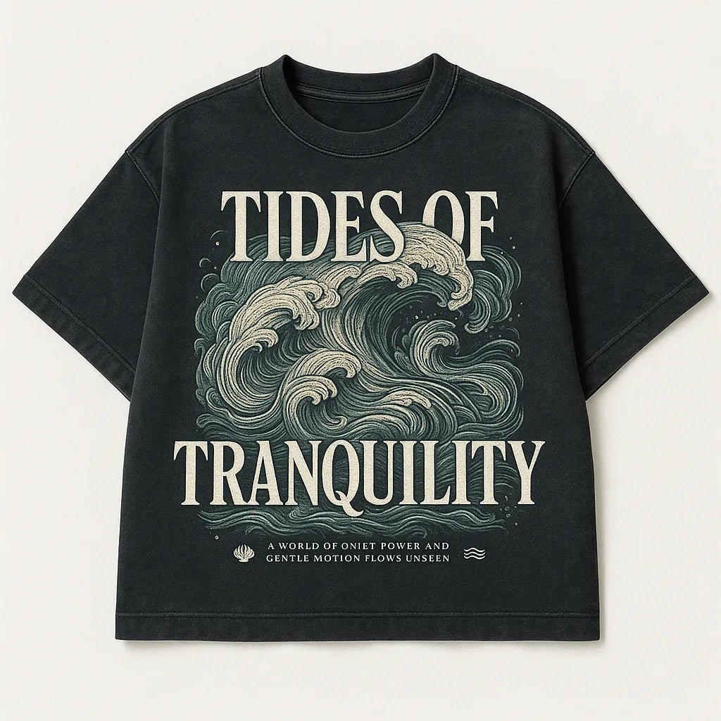 Example output from the Black Acid Wash Stunning T-Shirt Design ChatGPT prompt: dark t-shirts with dramatic renaissance-style art, bold typographic: Tides of tranquility.