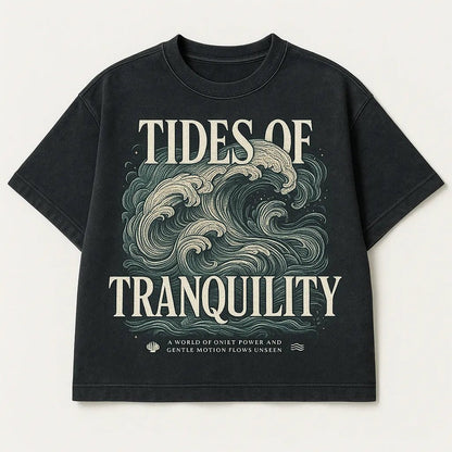 Example output from the Black Acid Wash Stunning T-Shirt Design ChatGPT prompt: dark t-shirts with dramatic renaissance-style art, bold typographic: Tides of tranquility.