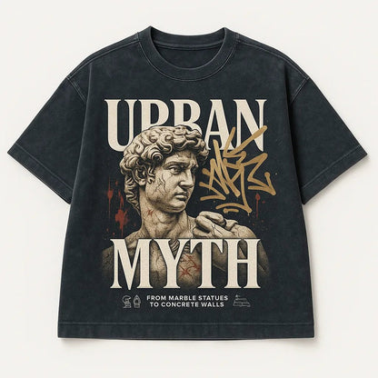 Example output from the Black Acid Wash Stunning T-Shirt Design ChatGPT prompt: dark t-shirts with dramatic renaissance-style art, bold typographic: Urban Myth.