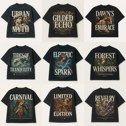 Example output from the Black Acid Wash Stunning T-Shirt Design ChatGPT prompt: dark t-shirts with dramatic renaissance-style art, bold typographic slogans like “Urban Myth” and “Electric Spark,” paired with micro-text quotes and icon strips for cinematic polish.