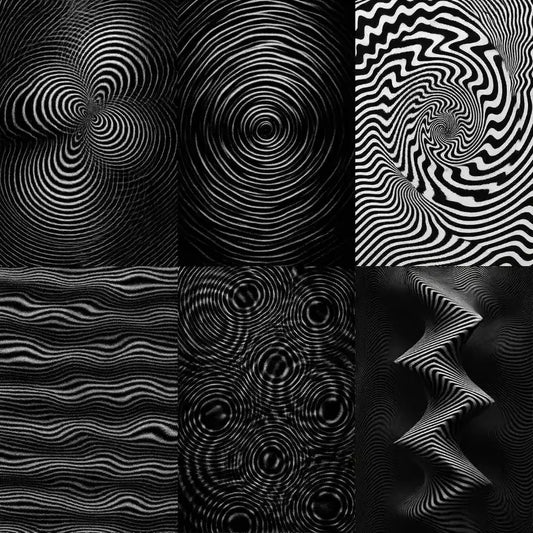 Example output from the Black And White Motion Artworks ChatGPT prompt: hypnotic optical illusion prints in black and white, featuring high-res concentric patterns, clean minimalist framing, and gallery-ready motion effects.