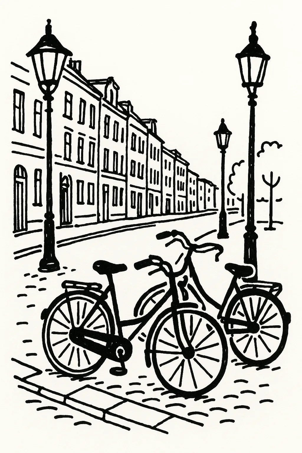 Example output from the Black Ink Line Art Illustrations ChatGPT prompt: Bicycles.