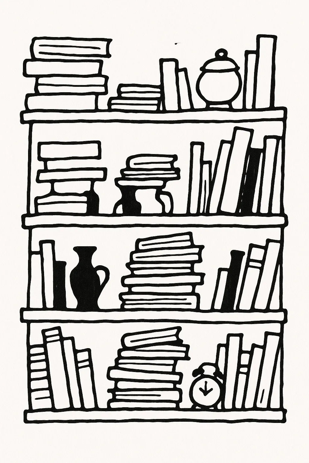 Example output from the Black Ink Line Art Illustrations ChatGPT prompt: Bookshelft.