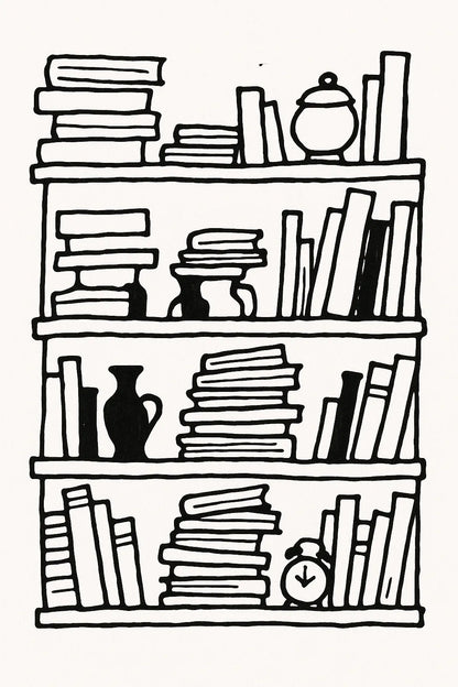 Example output from the Black Ink Line Art Illustrations ChatGPT prompt: Bookshelft.