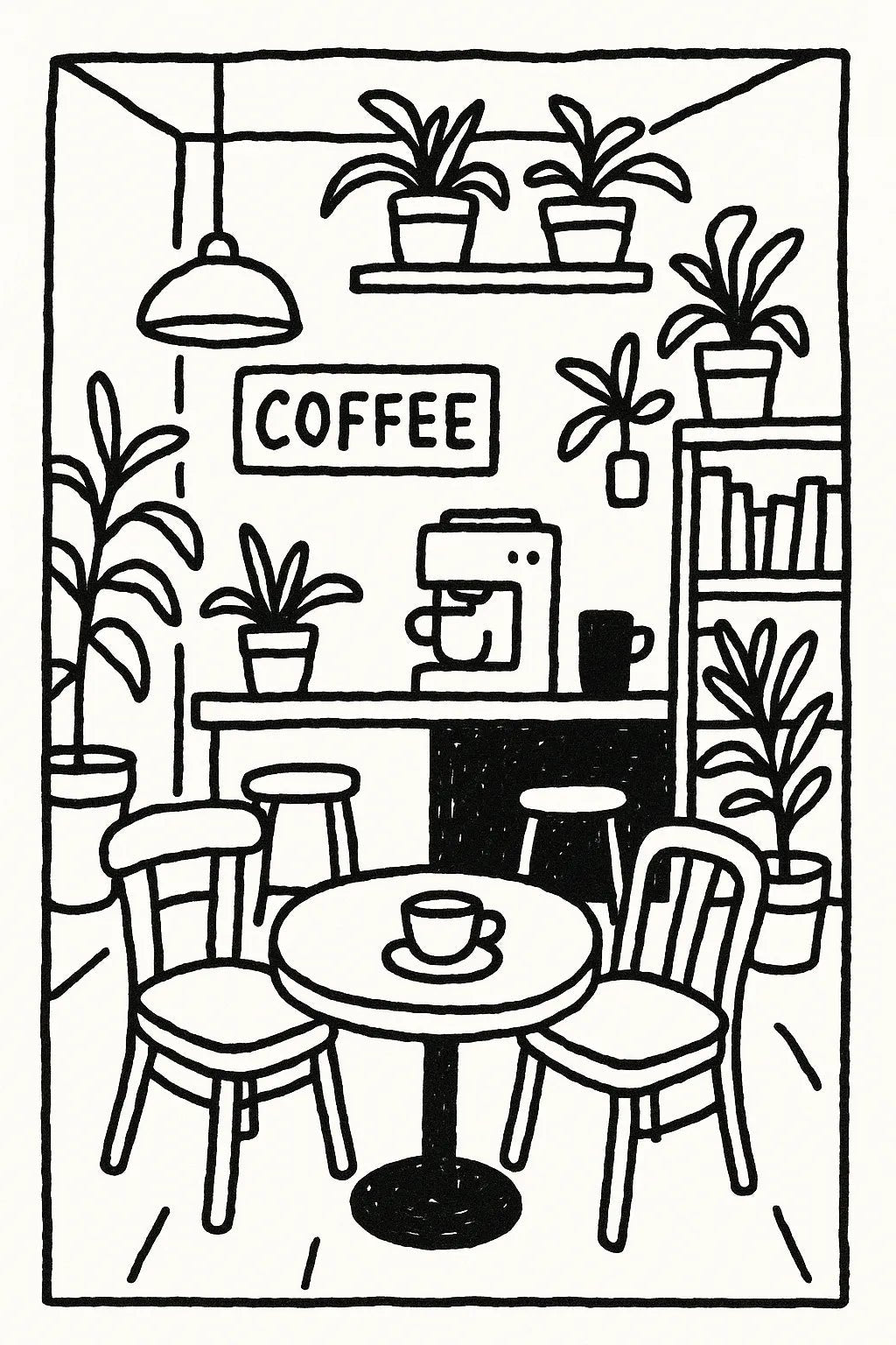 Example output from the Black Ink Line Art Illustrations ChatGPT prompt: Coffee Shop.