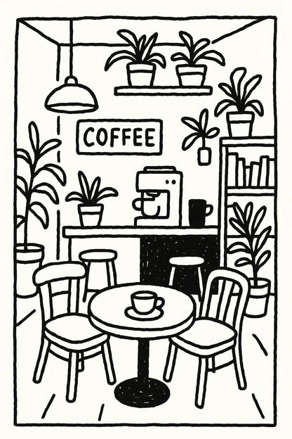 Example output from the Black Ink Line Art Illustrations ChatGPT prompt: Coffee Shop.