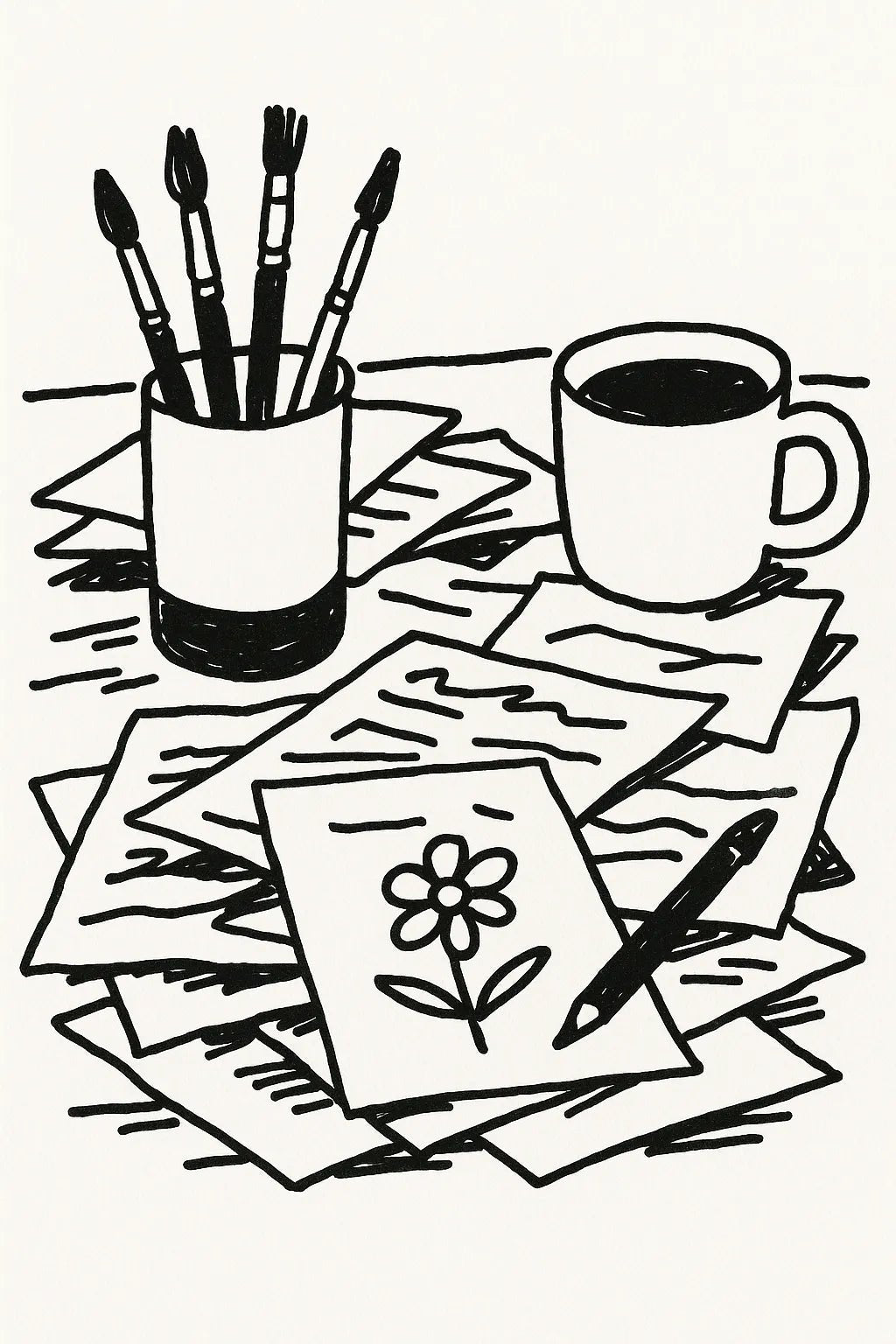 Example output from the Black Ink Line Art Illustrations ChatGPT prompt: Desk Papers.