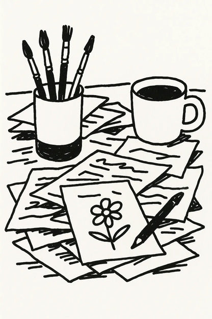 Example output from the Black Ink Line Art Illustrations ChatGPT prompt: Desk Papers.