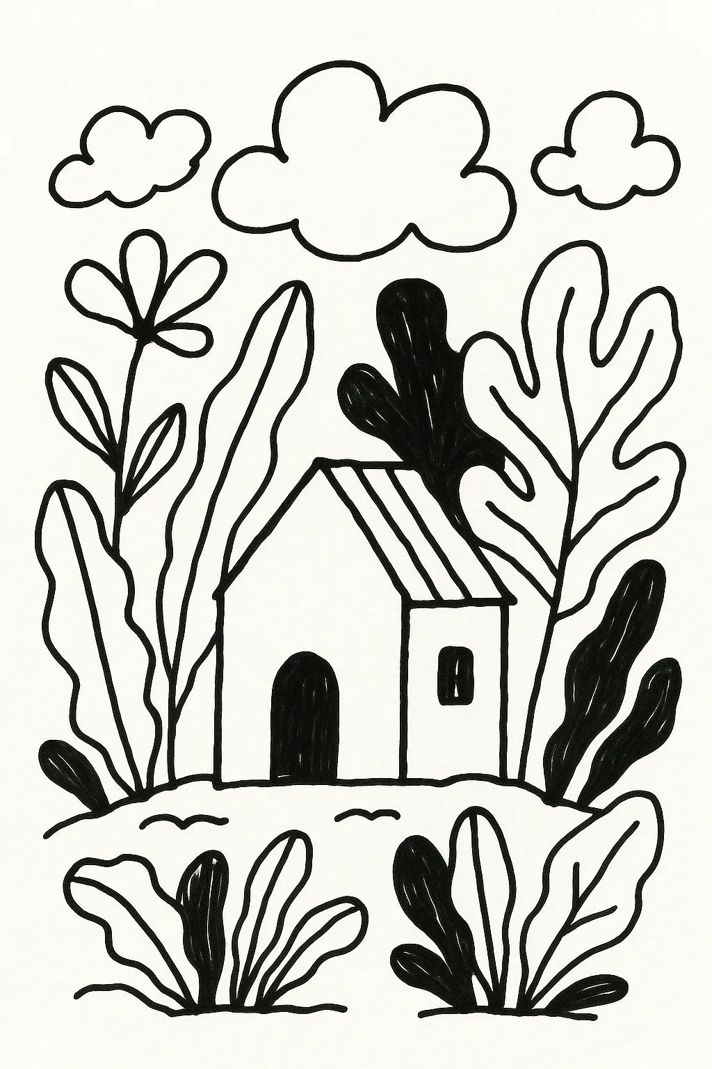 Example output from the Black Ink Line Art Illustrations ChatGPT prompt: House.