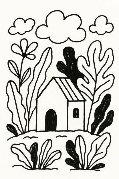 Example output from the Black Ink Line Art Illustrations ChatGPT prompt: House.