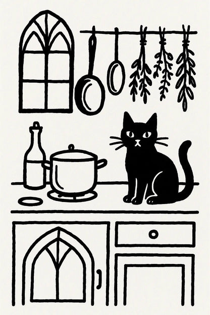 Example output from the Black Ink Line Art Illustrations ChatGPT prompt: Kitchen.