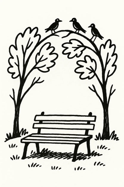 Example output from the Black Ink Line Art Illustrations ChatGPT prompt: Park Seat.
