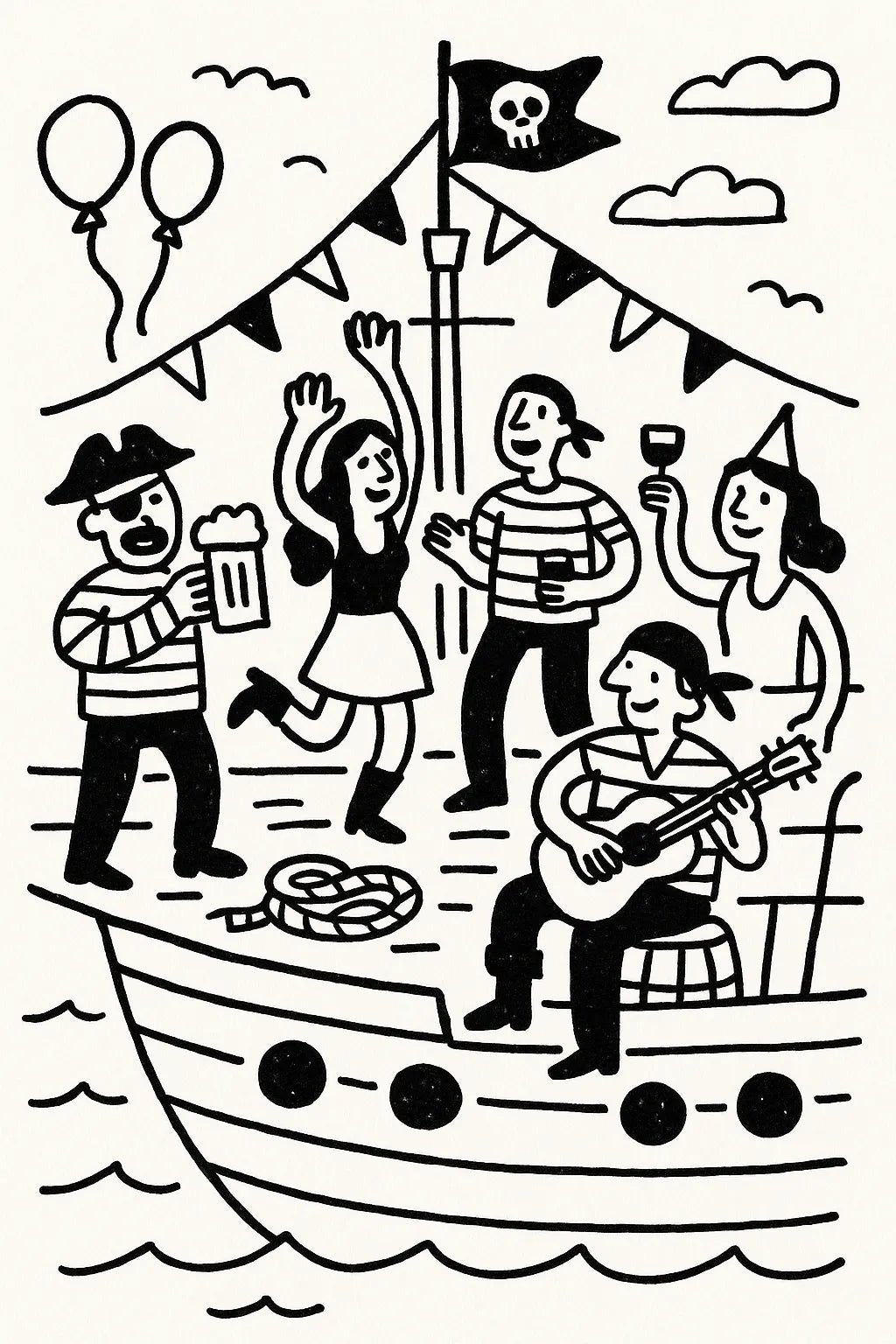 Example output from the Black Ink Line Art Illustrations ChatGPT prompt: Ship Party.