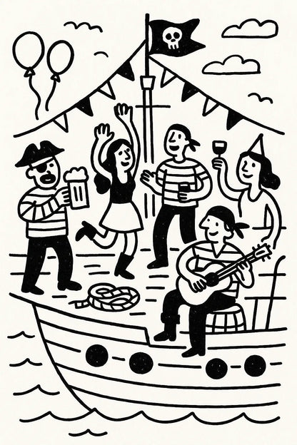 Example output from the Black Ink Line Art Illustrations ChatGPT prompt: Ship Party.
