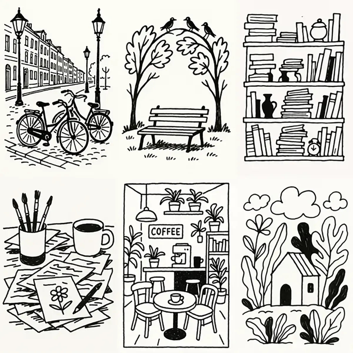 Example output from the Black Ink Line Art Illustrations ChatGPT prompt: hand-drawn black-and-white sketches featuring coffee shops, bookshelves, and cozy outdoor scenes in an organic minimalist ink style.