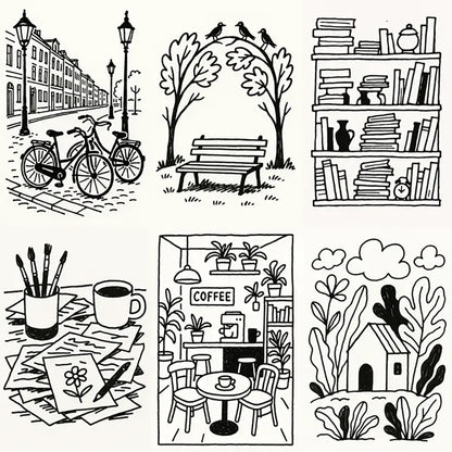 Example output from the Black Ink Line Art Illustrations ChatGPT prompt: hand-drawn black-and-white sketches featuring coffee shops, bookshelves, and cozy outdoor scenes in an organic minimalist ink style.