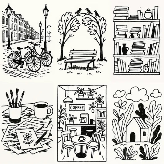Example output from the Black Ink Line Art Illustrations ChatGPT prompt: hand-drawn black-and-white sketches featuring coffee shops, bookshelves, and cozy outdoor scenes in an organic minimalist ink style.